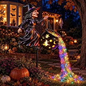 Halloween Decoratie Buiten met Heksenketel en Vliegende Heks, LED Licht