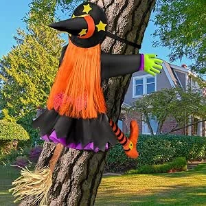 Halloween decoratie grote crashing witch into tree Halloween decoratie (100 cm h), crashing flying witch decoraties voor Halloween buiten tuin boomstammen huis deur muur raam decoratie