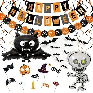 Halloween Decoratie Set XXL Slinger Happy Halloween, Grote Folieballonnen Skelet en Vleermuis, 3D Muurstickers, Fotoprops en Spiralen - Versiering Huis
