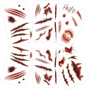 Halloween gezichtstattoo (6 vellen), littekentattoos, zombie wonden, Halloween gezichtstattoo voor kinderen, dames en volwassenen, speciaal FX-kostuum make-up rekwisieten (zeer groot)