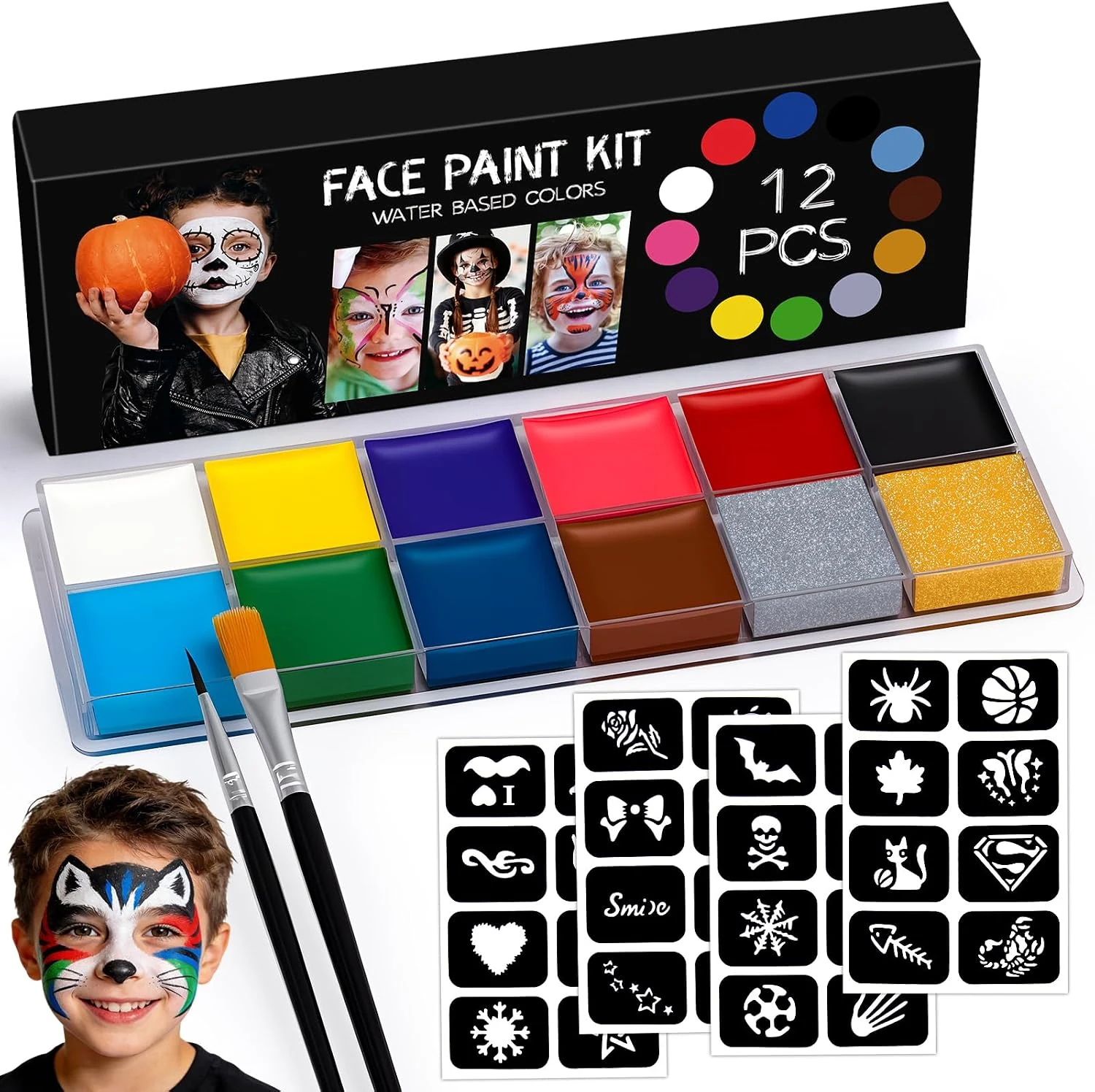 Halloween Makeup - 12 Kleuren Makeuppalet met 2 Borstels 32 Stencils, Halloween schmink Kit voor Face Body Paint Carnaval Volwassenen en Kinderen Gezichts en Lichaamsverf Afwasbaar