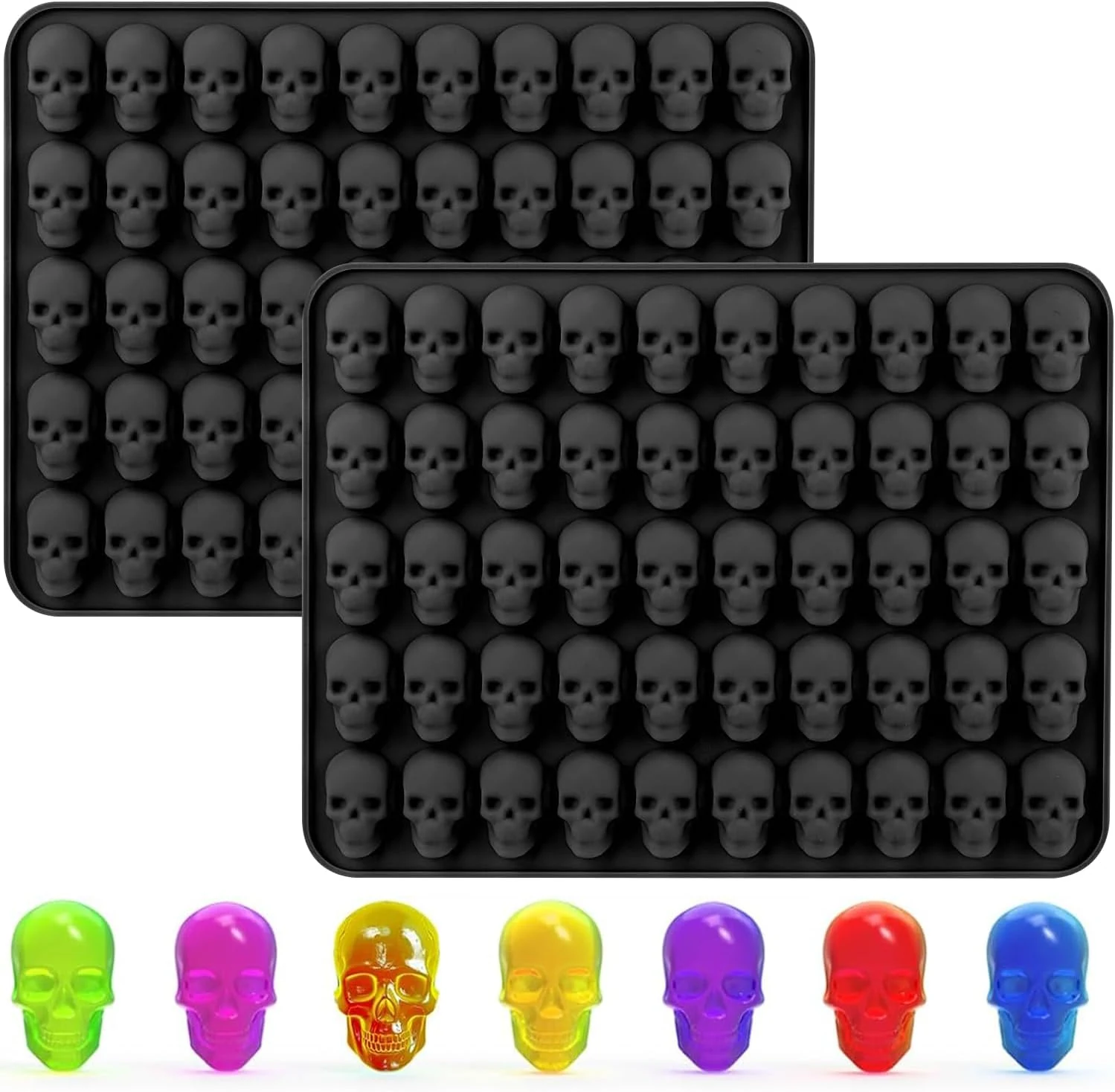Halloween schedelbakvormen, 2 stuks, siliconen chocoladevorm, snoepvormen, 50 holtes mini schedelbakvorm voor doe-het-zelf Halloween-chocolade, snoep (zwart)