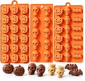 Halloween YXHZVON chocoladevorm, 3 stuks siliconen bakvormen (in totaal 40 uitsparingen), pompoen, vleermuis en schedelvorm voor Halloween-snoep, gelei