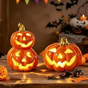 Halloweendecoratie pompoen met ledlicht, 2 stuks herfstdecoratie, pompoen met griezelig gezicht, Halloween-pompoen, led, tafeldecoratie, herfstpompoen, verlichte pompoen, keramiek, voor binnen