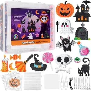 Homgaty 5000 strijkkralen Halloween-set, 5 mm kralen met steekbord, 16 patronen, strijkpapier, labels en accessoires voor knutselen, Halloween, decoratie, cadeau voor kinderen