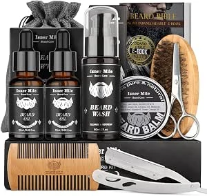 ISNER MILE Baardverzorgingsset voor mannen, vaders, cadeaus voor vader, man, man, vriend, met baardshampoo, olie, balsem, trimset inclusief borstel, kam, schaar