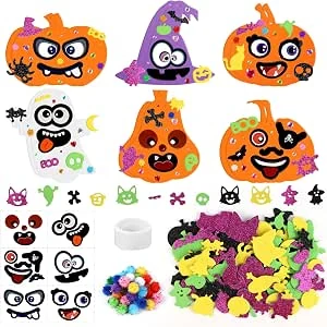 JOFONY 12 stuks Halloween knutselset EVA pompoenen, geest en heksenhoed om te knutselen, met stickers, linten, pompons en glitterstenen, creatief doe-het-zelf-knutselproject