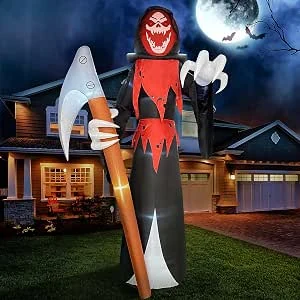 Joiedomi 12ft lange gigantische enge Halloween opblaasbare Magere Hein met Scythe, Blow Up Reaper met ingebouwde LED's voor Halloween Outdoor Decoraties, Yard Gazon, Tuin, Vakantiefeest, Decoratie