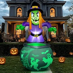 Joiedomi 6 Ft Halloween opblaasbare heks en ketel met projecterende roterende groene spooklicht, opblaasbare tuindecoratie opblaasbare decoraties met ingebouwde LED's voor Halloween-feest binnen