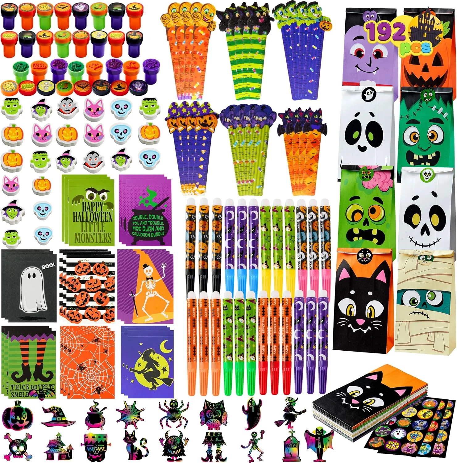 JOYIN 192 stuks Halloween briefpapier set, trick or treat geschenken voor kinderen, 24 Pack Halloween thema briefpapier set voor feestgunsten carnaval spel prijzen, school briefpapier feestartikelen