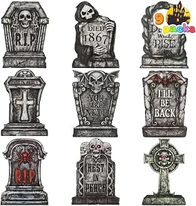 JOYIN 40,6 cm 9 stuks Halloween grafstenen decoraties buiten, kerkhof tuin gazon plastic grafstenen met 18 metalen palen voor Halloween begraafplaats, binnendecoraties, rekwisiet