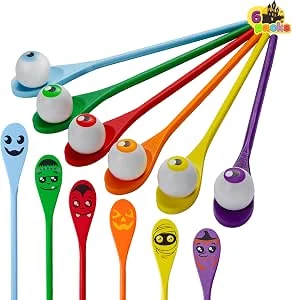 JOYIN Halloween Ei en Lepel Race Spel Set, 6 Ogen en Lepels met Diverse Kleuren voor Kinderen en Volwassenen Halloween Buitenspeelgoed, Feestgunsten, Klasactiviteiten