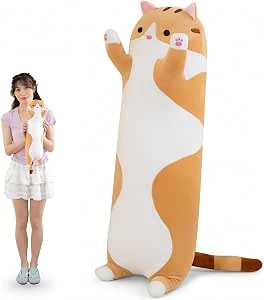 Kat pluche lang kussen, pluche kat, Kawaii, reusachtig zacht omarmingskussen, speelgoed, cadeau voor kinderen en volwassenen, 1 stuk, oranje, 50 cm