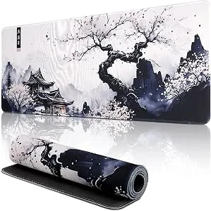 Kersenbloesem Muismat XXL, 800 x 300 mm gaming muismat met genaaide randen, verlengde grote muismat bureauonderlegger, muismat met antislip rubberen basis, gaming-muismat (01-Plum Mouse Pad)