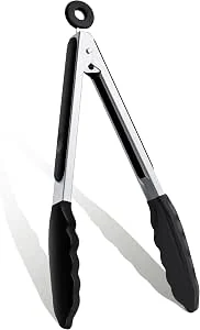 keukentang, kooktang met siliconen punten en roestvrijstalen handgreep, hittebestendige tang met antiaanbaklaag voor koken, buffet, salade serveren (Zwart,23cm)