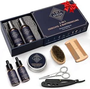 KHOLEZ baardverzorgingsset voor mannen, cadeau voor mannen, 10-in-1 baardverzorgingsset met baardshampoo (60 ml), baardconditioner (60 ml), 2 x baardolie (20 ml), baardbalsem, kam, borstel en schaar