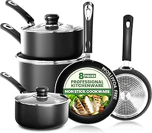 KICHLY 8-delige potten en pannen set, niet-stick keuken kookgerei set met 20cm en 28cm koekenpannen en 16cm, 18cm, 20cm steelpannen met deksels, inductie compatibele potten en pannen set anti-stick