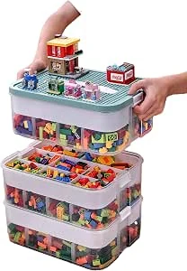Kinderopbergdoos met deksel, bouwstenen, boxen, opslag, speelgoedkist, kinderkamer, kinderbox, 3 niveaus, stapelboxen, opbergdozen, transparante organizer, box, scheidbare kunststof doos