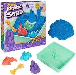 Kinetic Sand - Zandbak-set met 454 g blauw speelzand opbergzandbak 4 vormen en gereedschap - Sensorisch speelgoed