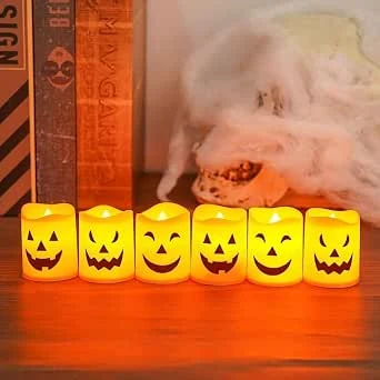 Kiuiom Led-Halloween-decoratieve kaarsenlichten, decoratieve Halloween-lantaarn, led-kaarsen, pompoen, 6 stuks, vlamloze theelichtkaarsen, oranje kaarslicht voor decoratie buiten en binnen
