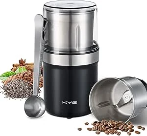 KYG Elektrische koffiemolen voor zaden, peper, lijnzaad met afneembare kom, kruidenmolen 300 W, beker van roestvrij staal, wasbaar