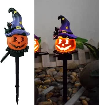 LED Solar Wizards Pompoen Ground Light, Halloween Outdoor Atmosphere Decoratie lamp, Schattige Zwarte hoed Pompoen Binnenhof Warme Lichten.