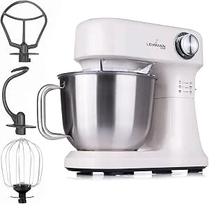 LEHMANN Keukenmachine, 1500 W, Kneedmachine met 12 Snelheden, Mengkom van 5 liter en Spatbescherming, Antislip, Deegmachine met 3 accessoireset - Roerhaken, Kneedhaken, Klopborstel, Beige