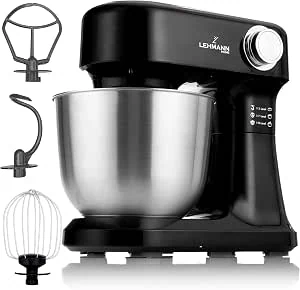 LEHMANN Keukenmachine - Keukenrobot met Accessoireset - Garde, Deeghaak, Menghaak en Spatbescherming - 5L Mengkom - 12 Snelheden - Oververhittingsbeveiliging - Antislip - Zwart