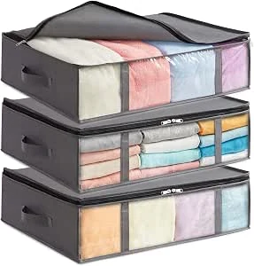 Lifewit Opbergboxen voor Onder het Bed 3-pack, Opvouwbare Kledingopbergzakken met Doorzichtig Voorvenster, Kastorganizers en Opbergruimte voor Handdoeken, Kleding, Dekens, Grijs