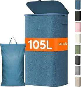 Lifewit Wasmand met Deksel, Grote met Plastic Handvatten en Een Uitneembare Zak, Opvouwbare Grote Vuilnisbakken voor Vuilnis voor Waskamer, Slaapkamer, Badkamer, Slaapzaal, 105L, Azul