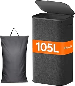 Lifewit Wasmand met Deksel, Grote met Plastic Handvatten en Een Uitneembare Zak, Opvouwbare Grote Vuilnisbakken voor Vuilnis voor Waskamer, Slaapkamer, Badkamer, Slaapzaal, 105L, Gris Oscuro