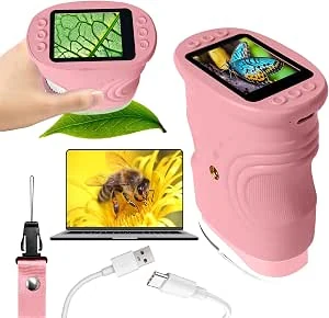 LURICO Digitale microscoop voor kinderen, 1000 x draagbare zakmicroscoop met 4K 2,0 inch scherm voor kinderen, mobiele telefoon-microscoop, vergrootglas, ondersteunt foto en videofuncties, Roze