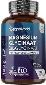 Magnesium Bisglycinaat (Glycinaat) capsules - 1432 mg - Levert 200 mg Elementair Magnesium - Met Vitamine B6-180 capsules voor 3 maanden voorraad - Gemaakt in de EU - Vegan - Van WeightWorld