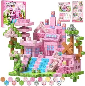 Magnetische bouwstenen, 100 stuks, slot, bouwset, prinsessenslot, tuin, STEM-dobbelstenen, bouwspeelgoed, tegels, stapeldobbelstenen, spel voor kinderen, meisjes, leeftijd 3 + verjaardag (roze)