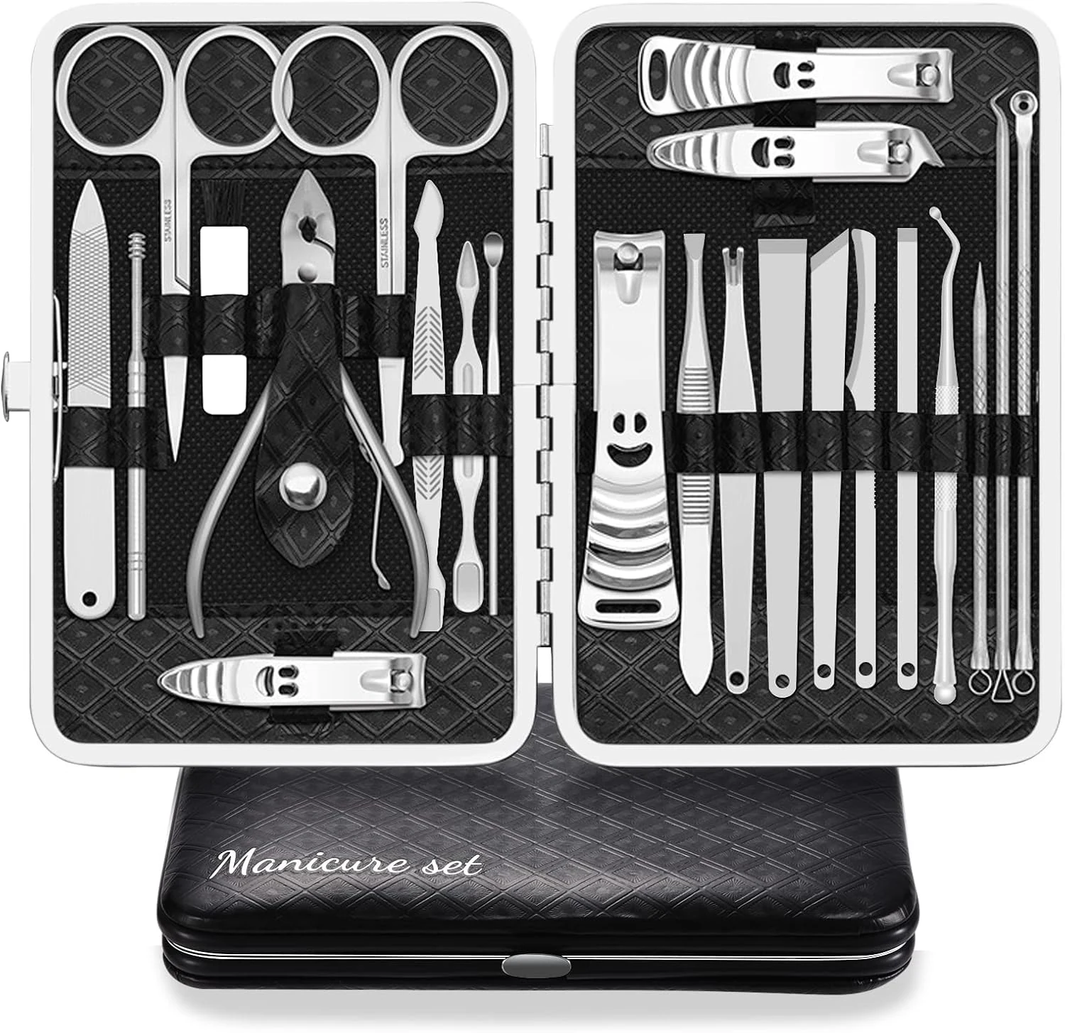 Manicure set, professionele nagelknipper kit pedicure care tools 23 stuks roestvrij stalen verzorgingsgereedschappen met zwart PU-lederen hoes voor reizen of thuis (zwart / zilver)