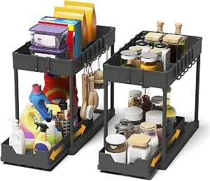 Meltrck Spoelkastorganizer, 2 stuks, organizer voor onder de wastafel, uittrekbaar opbergrek, organizer met 16 haken, zwart