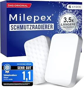 Milepex® Vuilgum, 6 stuks, premium spons voor muur, vloer, sneakers en auto, magische spons & Magic Eraser voor huishouden, badkamer en keuken, extra sterk en duurzaam, alleen met water