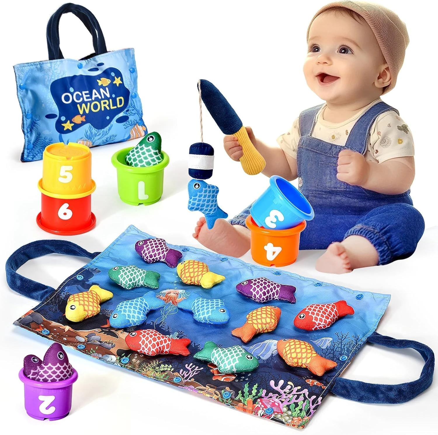 Montessori Speelgoed vanaf 1-2 Jaar, Visspel, Kinderspeelgoed, Babyspeelgoed voor 6 tot 18 Maanden, Motoriekspeelgoed, Vissen, Spel, Educatief Speelgoed, Cadeau voor Jongens en Meisjes