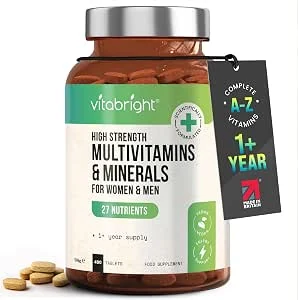 Multivitamine Tabletten Hoge dosis - 400 dagelijkse dosis vitaminen, mineralen & supplementen A-Z Vitaminen + mineralen | Voedingssupplementen Vrouwen / Mannen Vegan Multivitamine Complex, VitaBright