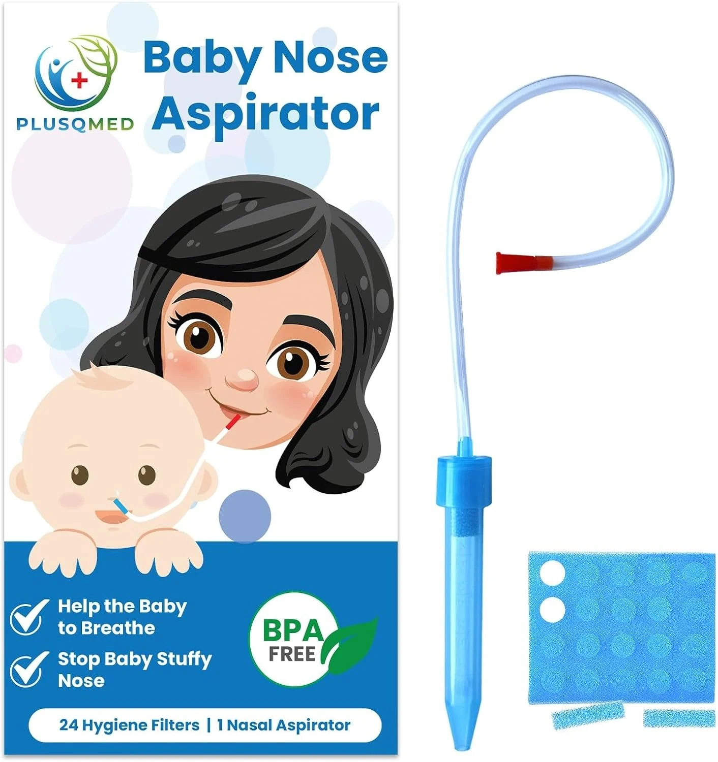 Neuszuiger voor baby's, met 24 hygiënische filters, veilig en gemakkelijk te reinigen, voor pasgeborenen, zuigelingen, kinderen, zuigneusreiniger, PLUSQMED