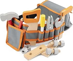 New Classic Toys - Gereedschapsriemset - Oranje - Houten Pretend Play Constructieset - Inclusief Hamer, Zaag, Schroevendraaier, Tang, Moer, Heerser, Bouten, Moeren en Houten Blokken - Verstelbare