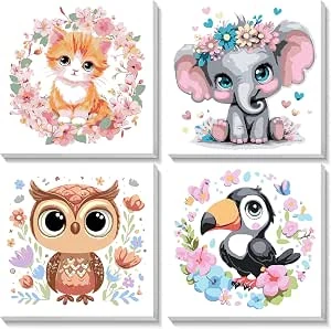 NEWENMO 4 Pack Schilderen op Nummer Dieren met Lijst, Kitten Olifant Uil Toekan Patroon op Doek, Schilderen op Nummer Set, DIY Acryl Olieverf voor Woondecoratie 20x20cm