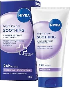 NIVEA Kalmerende nachtverzorging, 24 uur vocht + regeneratie, parfumvrije gezichtscrème voor de gevoelige huid, delicate nachtcrème met druivenpitolie