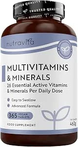 Nutravita Multivitaminen en Mineralen - 365 Vegan Multivitaminen Tabletten - 1 Jaar Voorraad - 26 Essentiële Actieve Vitaminen en Mineralen voor Mannen en Vrouwen - Gemaakt in het VK