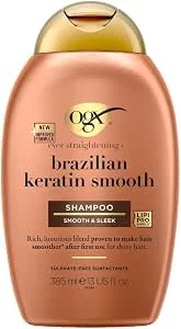 OGX Shampoo Brazilian Keratine Smooth, Kokosolie & Keratine, Anti-Pluis & Glans, Voor Krullend of Golvend Haar, Sulfaatvrij, Verstevigt & Verzacht, 385 ml
