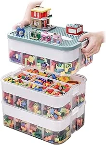 Opbergdoos met deksel voor Lego, 3 niveaus transparante sorteerbox voor kleine onderdelen, kunststof stapelbare doos met handvat en afneembare lade & verstelbare vakken voor knutselen