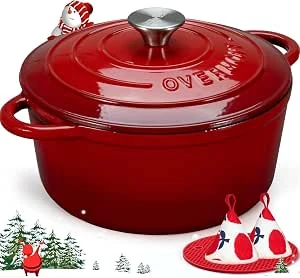 Overmont Stoofpan van gietijzer, 26 cm, emaille braadpan met deksel, geschikt voor de oven, met kookboek, voor keuken, bakken, smoren, braden, rood