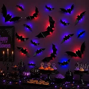 Pakket van 12 LED-lichten 3D Halloween vleermuisdecoratie, Halloween decoratie vleermuis muursticker met 10 verschillende maten, horror decoratieve stickers, LED vleermuizen decoratie voor binnen
