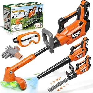 Pandapop 3-in-1 Tuinspeelgoed voor Kinderen, met Verlichte Grasmaaier, Bladblazer, Heggenschaar, Gereedschap voor Kinderen, Buitenspeelgoed vanaf 3 Jaar met Geluidseffecten