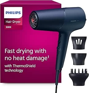 Philips-föhn 5000-serie, ThermoShield-technologie, Ionic Care, 2300 W, metallic blauw, met stylingmondstuk van 9 mm en 11 mm, volumediffuser, BHD510/20